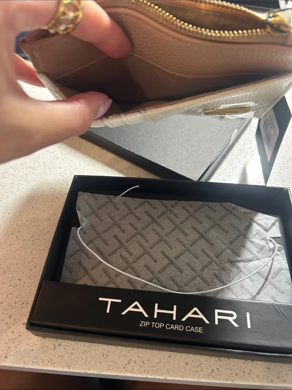 Tahari Cream and Tan Zip Card Case with Gold Accent